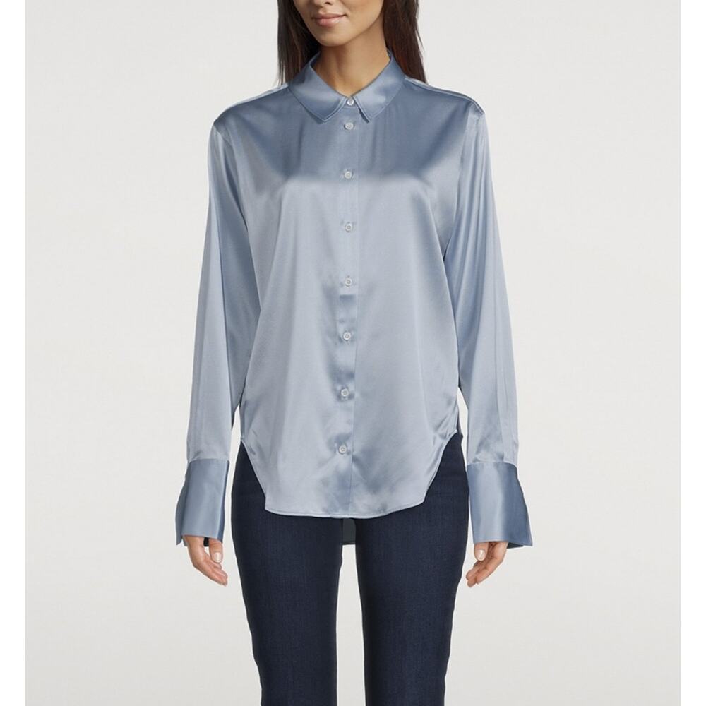 FRAME The Standard Blue Sretch Silk Button Up Shirt Top Blouse Medium $398